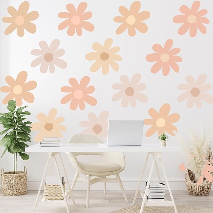 TaoBary 12 Sheets Daisy Wall Decal Flower Wall Sticker Cute Daisy Sticker Pink White Flower Decal Peel and Stick Floral Wallpaper for Nursery Bedroom Home Decor(Light Color,Bobo Style)
