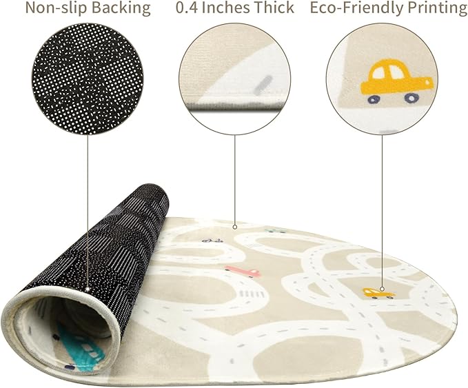 STARUIA Small Kids Rug for Kids Room, 3'x5' Washable Road Rug for Baby Nursery, Non-Slip Car Rugs for Playroom, Tan Traffic Play Mat Soft Fun Rugs for Boys Girls Dorm Toy Room Tent