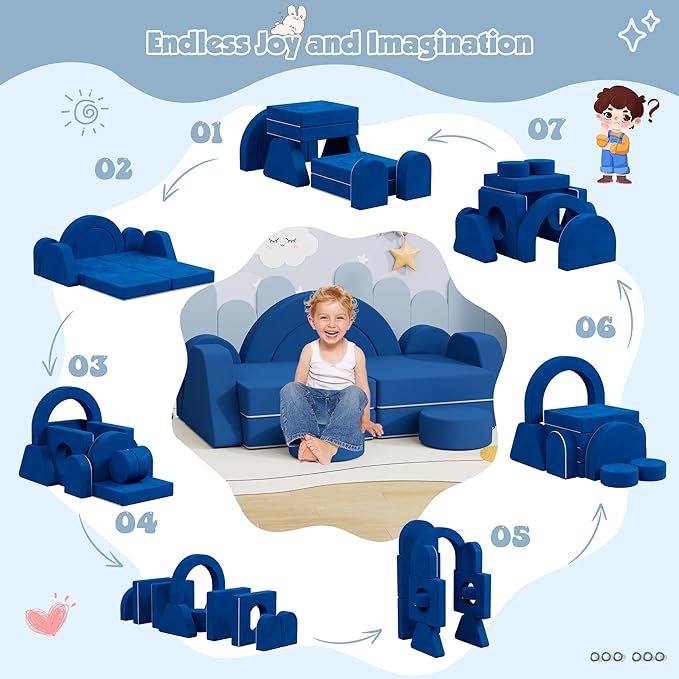 12 PCS Modular Kids Play Block Couch Child Sectional Sofa Toddler Building Fortplay Bedroom Playroom Baby Convertible Floor Foam Cushion for Boys & Girls (Blue-Double)