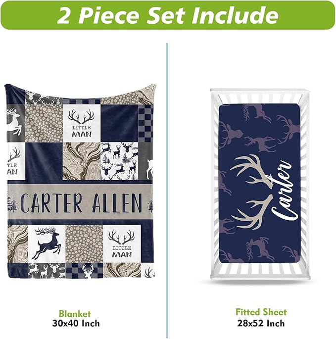 Personalized Crib Bedding Set for Boys Girls, Custom Baby Crib Sets with Name, Navy Deer Design Nursery Bedding 2 Piece - Soft Blanket with Double Layer Dotted Backing, Crib Fitted Sheet