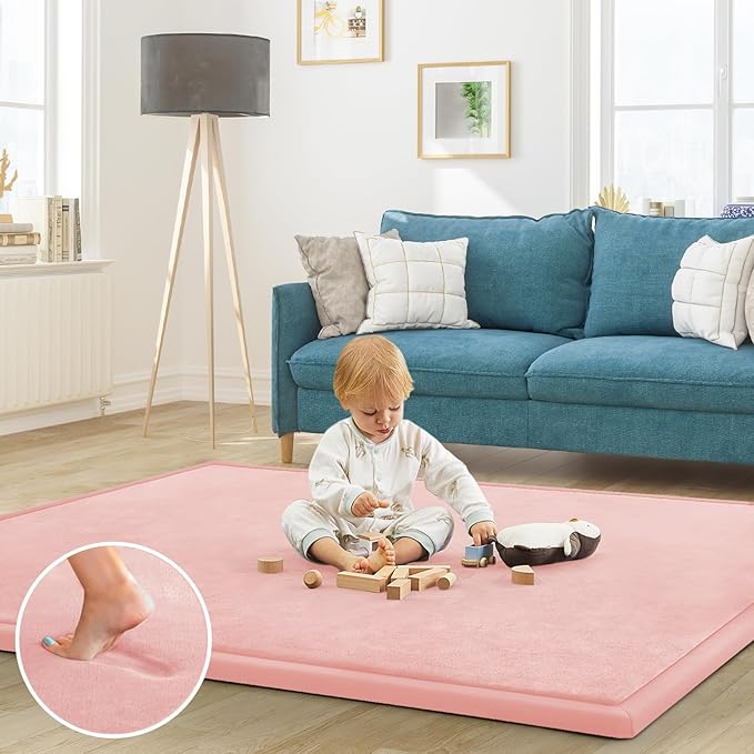 Baby Play Mat for Floor Tummy Time Mat Nursery Muscle Area Rug Playroom Rug Tatami 59"*59" Memory Foam 1.3" Thick Crawling For Babies,Toddlers, Infants, Kids,Floor(Pink)