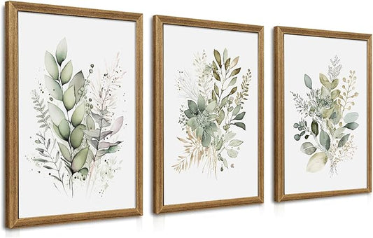 WRFON Watercolor Botanical Wall Art Set of 3 Boho Sage Green Wildflower Canvas Wall Art Prints Modern Floral Wall Decor for Bedroom Living Room Bathroom Decorations Wood Framed 16x24 Inches