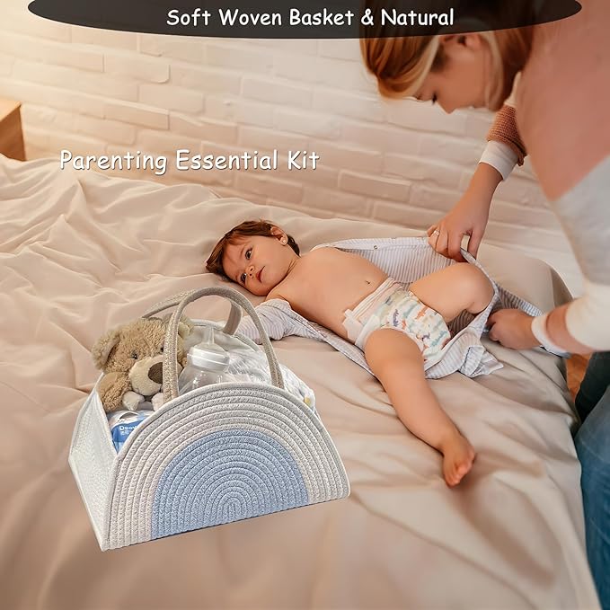 COMFY-HOMI Diaper Caddy Organizer with Gift Bags and Ribbons - Sturdy Cotton Rope Basket for Baby Girl & Boy Newborn Essentials, Large Shower Gift Bag, Nursery Storage Caddy with Handles (white bule)