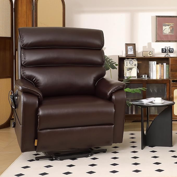 DYNOX Big Man Lift Chair 500lbs Extra Large Wide Lift Recliner Oversized Tri-Motor Power Lift Chair for Elderly, Massage & Dual Heat for Back and Seat (9398, Faux Leather, Brown)