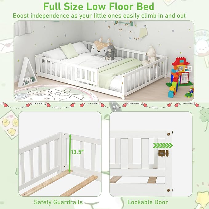 KOMFOTT Full Size Wood Floor Bed with Door & Fence, Montessori Bed Frame with Full Length Safety Guardrails, Slats Support, Door & Latch, Wooden Montessori Floor Bed, No Box Spring Needed (White)