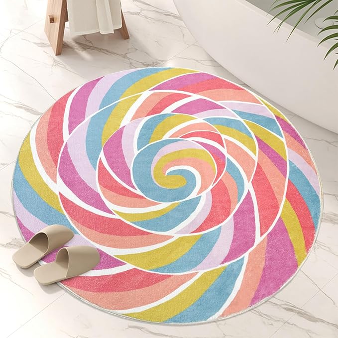 Kids Rug Pink Circle Rug for Girls Bedroom Round Rainbow Lollipops Nursery Mat 2.6Ft Chic Bedside Carpet for Children Cartoon Crawling Mat for Playroom Candy Decorations Indoor Home Decor