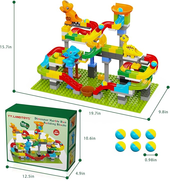 Dinosaur Marble Run Building Blocks, 148PCS Compatible with Lego DUPLO Marble Runs for Kids 4-8, Montessori Educational Learning STEM Toys, Dinosaur Toys for Kids 3-5, Toddler Toys for Age 3+, Gift