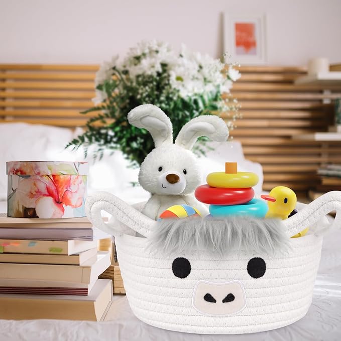 Highland Cow Basket for Nursery, Small Gift Basket, White Round Woven Cotton Rope Storage, Baby 0rganizer with Ears Handles, Blanket Towel Decor Empty Storage Bins,8.2 x 4.7 in