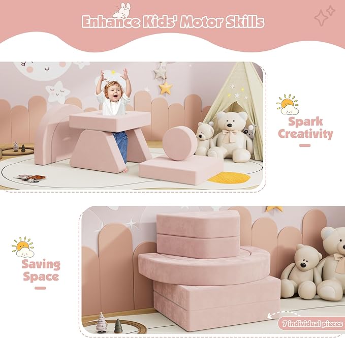 7 PCS Modular Kids Play Block Couch Child Sectional Sofa Toddler Building Fortplay Bedroom Playroom Baby Convertible Floor Foam Cushion for Boys & Girls (Pink-Single)