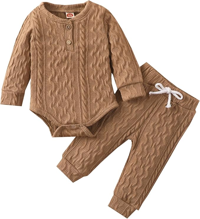 Newborn Baby Boy Girl Clothes Ribbed Knitted Cotton Long Sleeve Romper Long Pants Solid Color Fall Winter Outfits