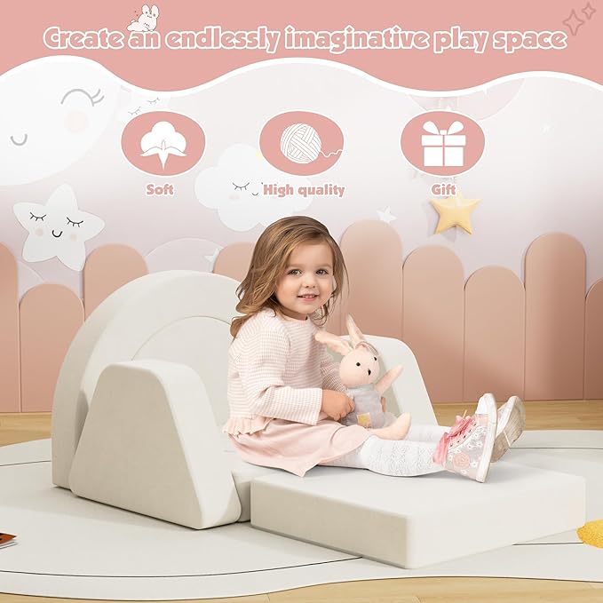 12 PCS Modular Kids Play Block Couch Child Sectional Soft Sofa Toddler Building Fortplay Climbing Bedroom Playroom Baby Convertible Floor Foam Cushion for Boys & Girls (Beige-Single-2)