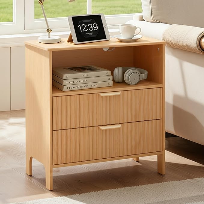 Fluted Nightstand with Charging Station, Wood Night Stand with 2 Large Drawers and Storage Shelf, Natural Bed Side Tables Bedroom, Mid Century Modern Nightstand for Bedroom/Living Room