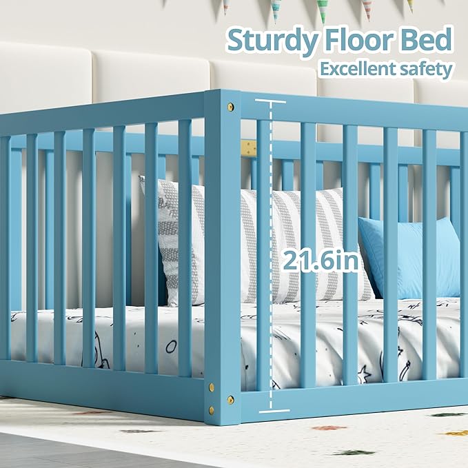 LLS Twin Size High Fence Floor Bed, Solid Wood Multifunctional Montessori Bed Frame with Door for Toddler Kids, Without Slats, Sky