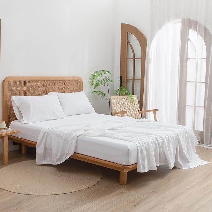 BESTOUCH Sheet Set 100% Washed Cotton Linen Feel Super Soft Comfortable Chic Lightweight 4 Pcs Home Bedding Set Solid Bright White Full