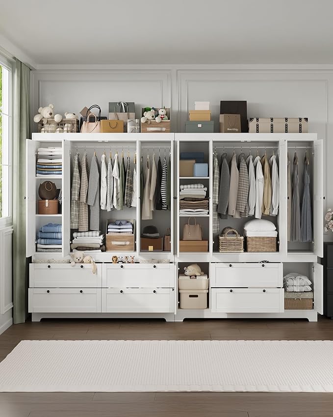 8 Door Large Wardrobe Closet 71" Tall White Wooden Freestanding Storage Armoire – Oversize Capacity Modular Cabinet with Drawers, Space-Saving Durable Design for Bedroom & Closet Organization