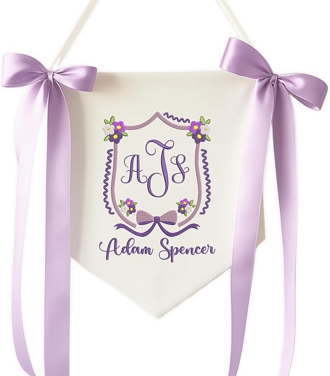 Embroidered Baby Name Sign with Bows Personalized Baby Announcement Sign Newborn Baby Banner Baby Hospital Name Sign Canvas Hanging Pennant Flag Custom Infant Baby Name Baby Shower Banner (02)