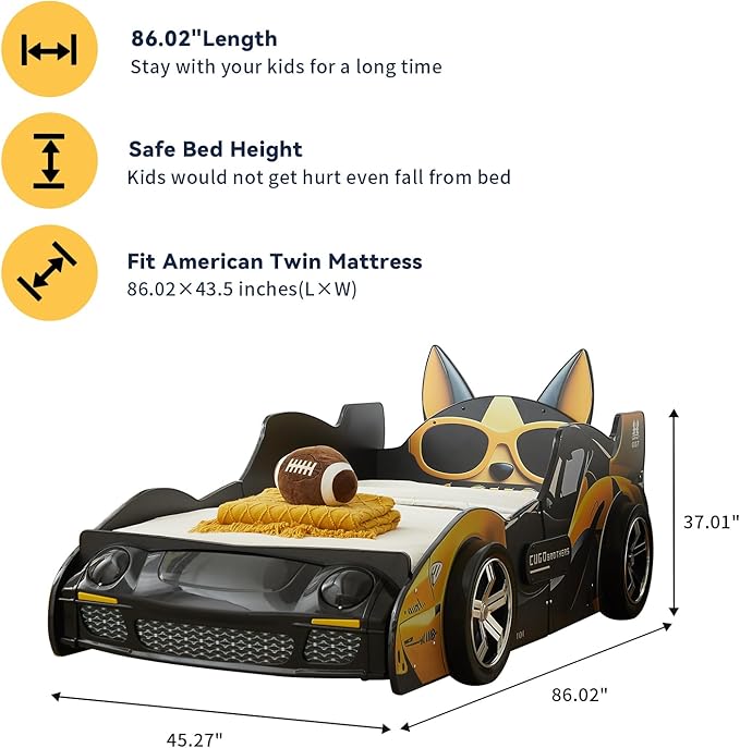 LKTART Twin Size Car Bed for Kids, Cartoon Dog Race Car-Shaped Wooden Platform Bed Frame with Headboard Wheels, LED Lights and Support Slats for Boys Toddlers Child