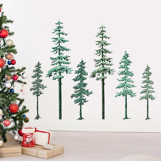 Large Pine Tree Wall Decal Big Pine Trees Wall Stickers Watercolor Green Tree Wall Sticker Winter Forest Plants Wall Decals Xmas Woodland Trees Stickers for Bedroom Nursery Living Room