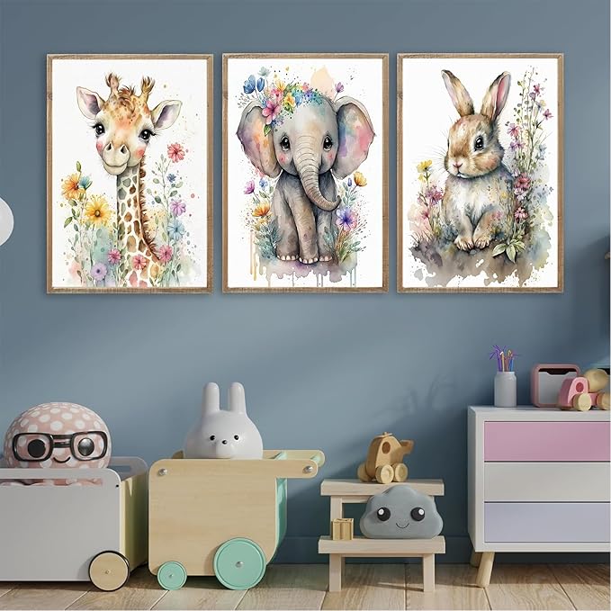 3Pcs Baby Watercolor Safari Animals Nursery Canvas Wall Art Cute Jungle Animals with Wildflower Picture Posters Wall Decor Giraffe Elephant Rabbit Painting Print Artwork for Kids Children Room 16x24in