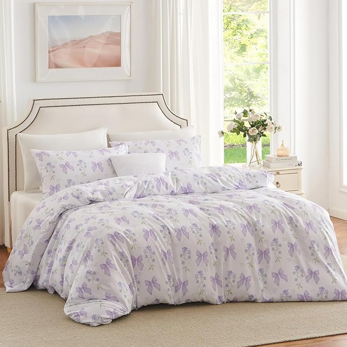 Purple Bow Duvet Cover Twin 2Pcs Girls Floral Duvet Cover Set, Cute Romantic Princess Style Bowknot Bedding Set Soft Microfiber Garden Flower Bedding with 1 Pillowcase(No Comforter)