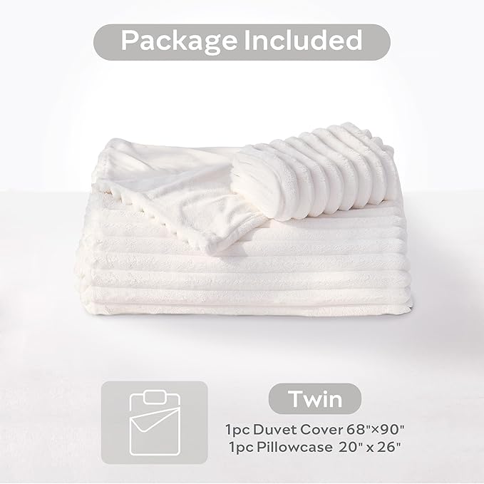 JELLYMONI Plush Duvet Cover Set - Twin Size Beige Striped Fluffy Comforter Cover 2pcs Bedding Set Luxury Ultra Soft Faux Fur Duvet Cover with Zipper and 1 Pillowcase (NO Comforter)