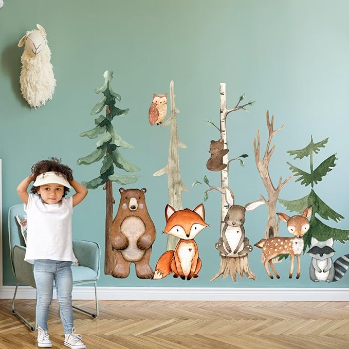 Large Woodland Animals Nursery Wall Decals,Watercolor Forest Tree Fox Deer Bear Wall Stickers,Peel and Stick Jungle Bedroom Room Decor for Nursery Baby Kids Boys