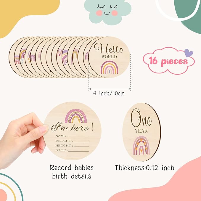 Tiamon 16 Pieces Wooden Baby Monthly Milestone Cards Monthly Milestone Marker Discs Double Sided Wooden Circles Months Signs for Baby Shower Newborn Photo Props(Rainbow)