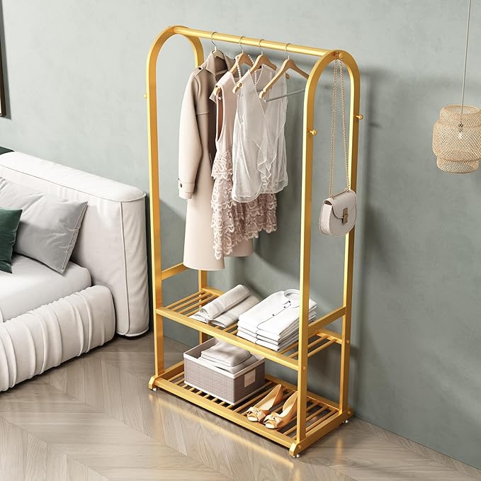 Gold clothing rack,Heavy duty clothes rack with bottom shelves and 6 side hooks,Wardrobe rack for bedroom,Metal garment rack for hanging clothes,Coats,Shirts(L:31.5in)