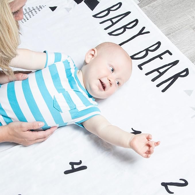 Pondering Pine Organic Baby Monthly Milestone Blanket Boy - Baby Bear Blanket with Month Marker Frame and Newborn Announcement Disc - 1-12 Months Milestones, Woodland, 47”x47”