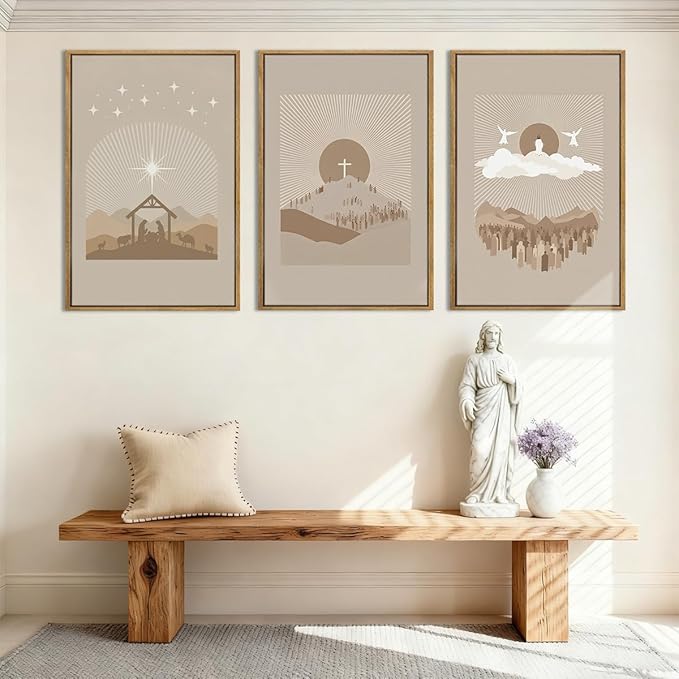 IARTTOP Extra Large Jesus Christian Framed Wall Art 24x36 Inch Set of 3 Jesus’s Nativity Crucifixion Resurrection Canvas Wall Decor Grey Brown Bible Verse Artwork for Church Living room Bedroom