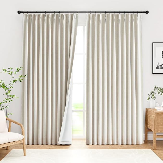 IVAPUPU Natural Pinch Pleated Full Blackout Curtains Linen Blend Room Darkening Window Curtains 95 inch 1 Panel for Living Room Bedroom Thermal Insulated Curtain Drapes with 12 Pcs Hooks 70''Wx95''L