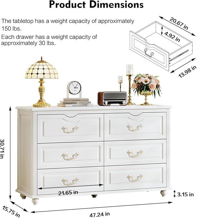 Modern 6 Drawers Dresser Chests for Bedroom,TV Stand,47.2 Wide Chest of Drawers with Handle,Clothes Organizer,Large Storage Cabinet for Living Room,Hallway,with Anti-Tipping Device,White