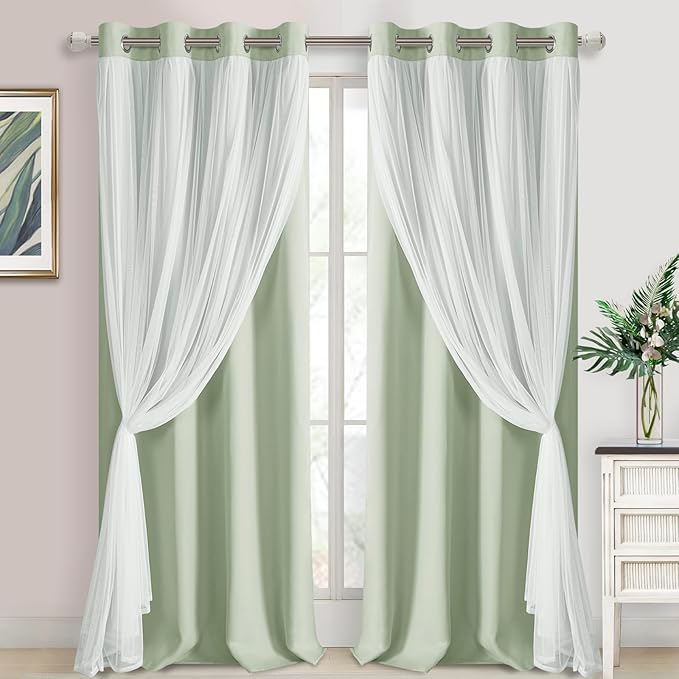 DWCN Layered Curtains for Living Room Blackout and Sheer Curtains with Tiebacks Grommet Top Window Treatments with Sheer Overlay for Bedroom, 52 W by 96 L, Seafoam, 2 Pieces