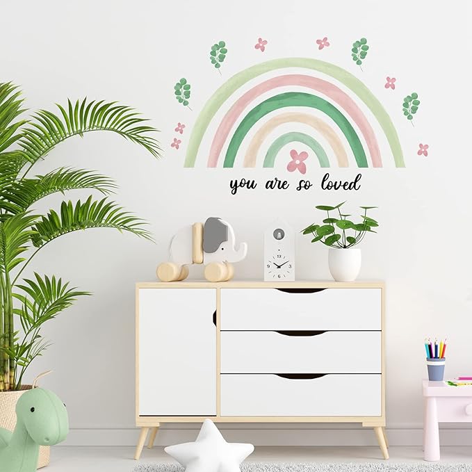 Containlol Rainbow Wall Decals, Playroom Wall Decor for Girl Room, Watercolor Peel and Stick Wallpaper, Boho Wallpaper 30 x 14 Inch Heart Art Stickers for Toddler Bedroom Nursery(Green,Fresh)