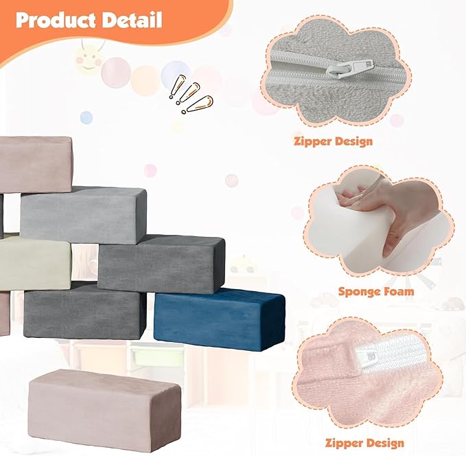 12 PCS Modular Kids Play Block Couch Child Sectional Soft Sofa Toddler Building Fortplay Climbing Bedroom Playroom Baby Convertible Floor Foam Cushion for Boys & Girls (12pcs+Rectangle)