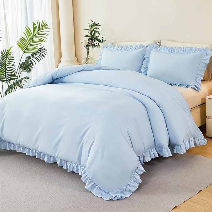 Twin Size Duvet Cover Set Light Blue Ruffle Comforter Covet Set for Girls Kids Teens 3 Pieces Soft Microfiber Bedding Set All Seasons(Light Blue, Twin)