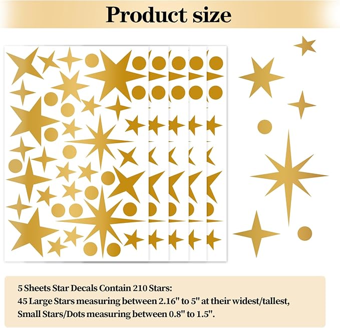 Vintage Gold Star Wall Stickers, 5 Sheets 210 Pcs Decals with Stars & Dots, Peel and Stick Wall Art Sticker, Removable Vinyl Star Wall Decor for Bedroom, Nursery, Ceiling, Party Decorations