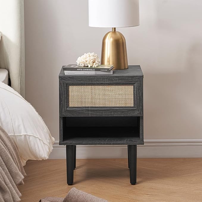 mopio Haylee Rattan Side Table, Small Accent Tables for Living Room, Mid Century Modern Night Stand, Bedside Tables, Wood Nightstands for Bedroom (Black, Single)