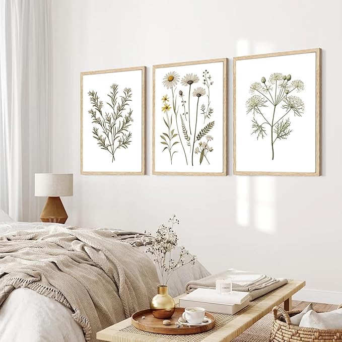 CHMMART 3 Piece Botanical Wildflower Framed Wall Art Floral Canvas Art Prints Green Plant Paintings Wall Decor Flower Pictures Artwork for Living Room Bedroom Bathroom 16x20in
