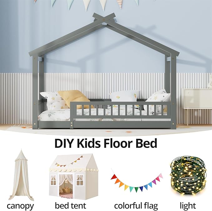 LLS Twin House Bed with Fence, Wooden Montessori Bed with Slats Support, Floor Bed Frame for Boys Girls Bedroom, Gray