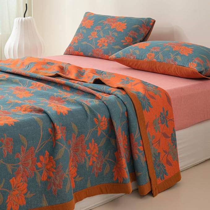 100% Cotton Muslin Blanket Jacquard Floral Flowers Bloosom Print Quilt, Soft Bed Cover Reversible Bedspread Coverlet Breathable Lightweight Bedding Full/Queen(78"x94"), No Pillow Sham