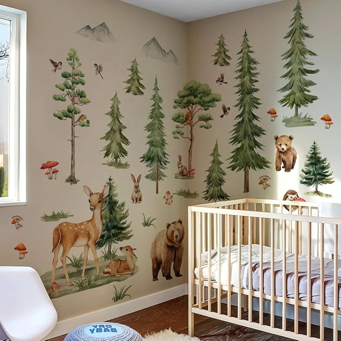Forest Tree Wall Stickers for Kids Bedroom, Large Pine Tree Wall Art with Deer, Bear, Rabbit, Fox, Squirrel & Hedgehog, Wall Decals Peel and Stick Decal for Nursery Kids Room Décor