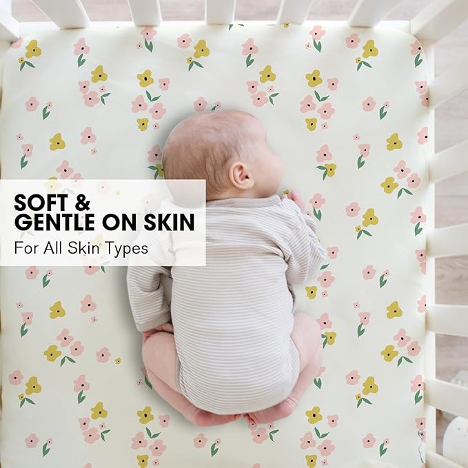 Little Grape Land Crib Sheets 2 Pack for Boys and Girls, Baby Neutral Crib Fitted Sheets for Standard Crib & Toddler Mattress, Super Soft Breathable Fitted Crib Sheet Set, Yellow Petal