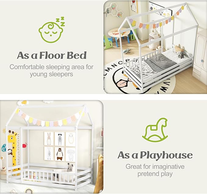 KOMFOTT Twin Size Floor House Bed, Wooden Montessori Bed with Roof & Full-Length Safety Guardrail, Floor Playhouse Bed Frame for Kids, Girls, Boys (White)