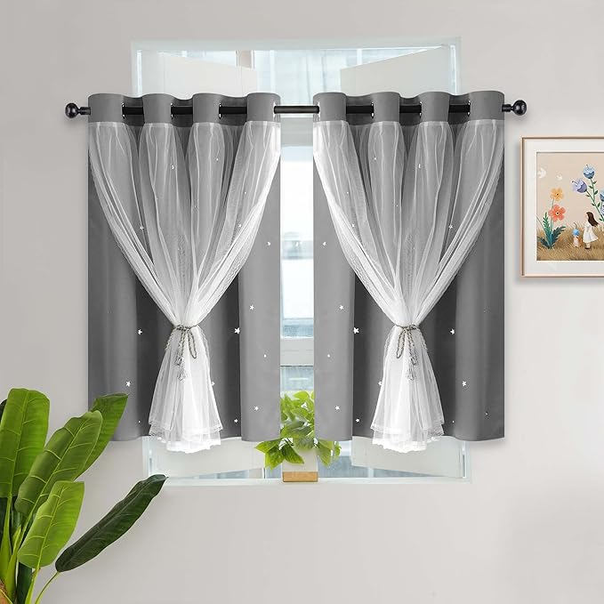 Kinryb Kids Blackout Curtains for Bedroom/Living Room/Classroom, Sheer Overlay Small 2 Panel Set, Double Layer Curtains with Star Cutout for Kids Room(W 52 x L 36 Inches,Grey 2 Pcs)