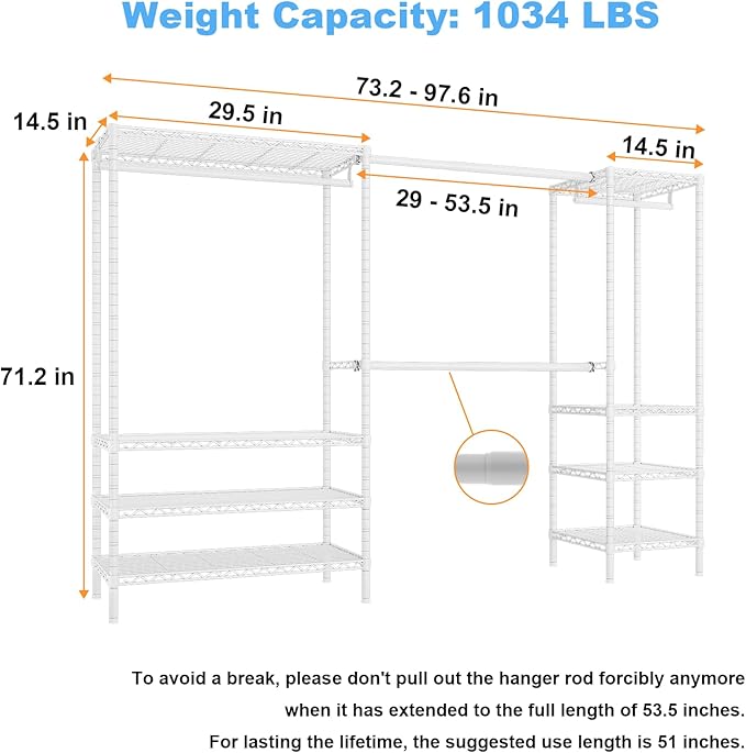 Ulif E11 Heavy-Duty Garment Rack, Metal Freestanding Clothes Rack and Closet Storage Organizer with 8 Shelves and 4 Hanger Rods, (73.2 - 97.6)"W x 14.5"D x 71.2"H, Load 1034 LBS, White