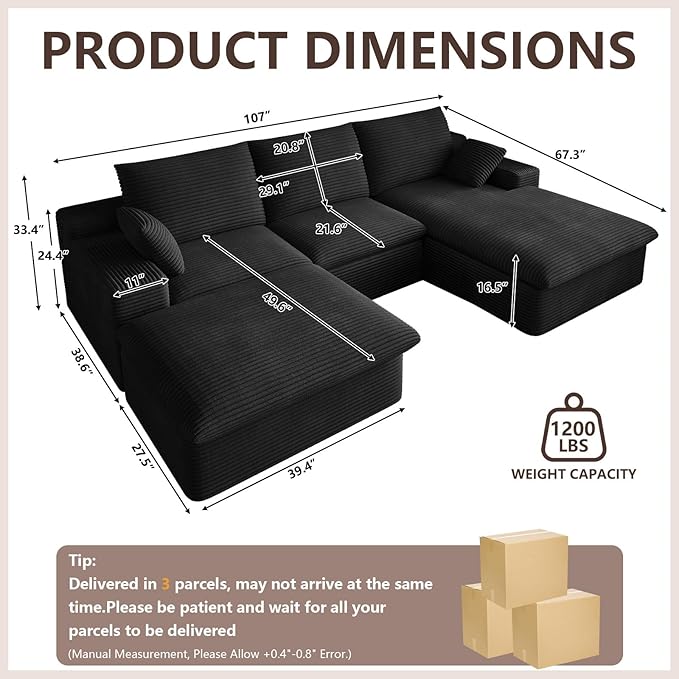 107" Cloud Modular Sectional Sofa with 1 Ottoman, Deep Seat Boneless Couch, Modern Upholstered Corduroy Couches, Comfort U Shaped Sofa for Living Room, No Assembly Required(Black,Right Facing Chaise)
