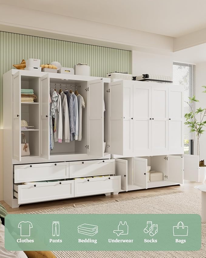 8 Door Modular Wardrobe Closet - 71" Tall Large Armoire with Hanging Rod, Freestanding Large Capacity Clothing Wardrobe Cabinet w/Handles for Bedroom White