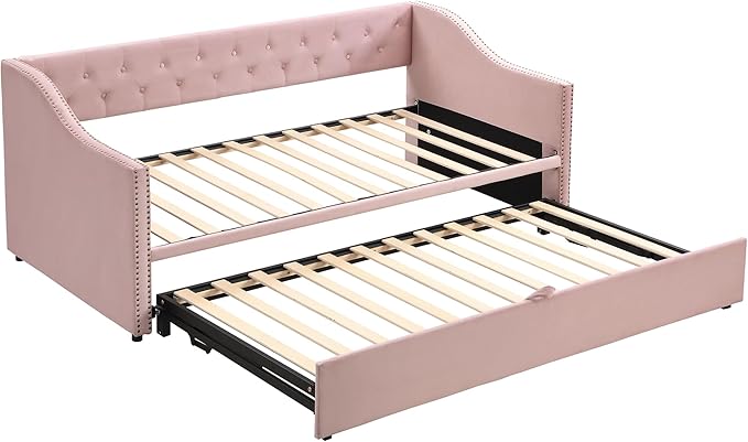 Merax Twin Size Upholstered Velvet Daybed with Pop Up Trundle, Multi-Functional Sofa Bed with Backrest and Two Armrest for Kids Room, Guest Room, Living Room, Pink