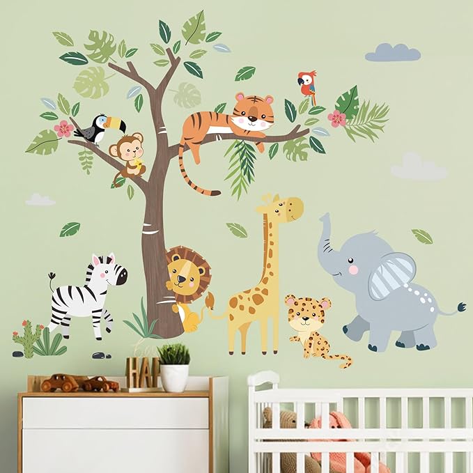 decalmile Jungle Animals Tree Wall Decals Elephant Giraffe Lion Safari Wall Stickers Baby Nursery Kids Bedroom Living Room Wall Decor